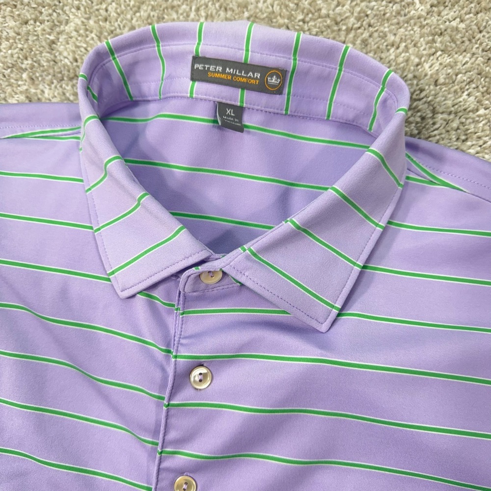 Peter Millar Polo Shirt Mens XL Purple Green Striped Summer Comfort Golf Club
